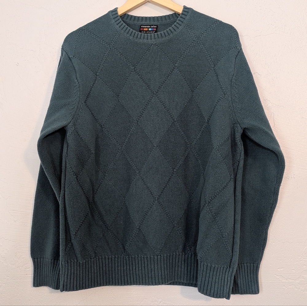 Vintage Mens Teal Argyle Casual Cotton Crewneck Sweater Teacher Office Fall